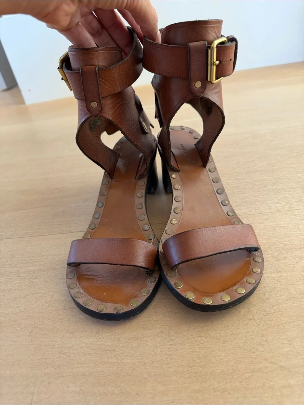 Isabel Marant Brown Leather Studded High-Heel Sandals with Ankle Buckle 38